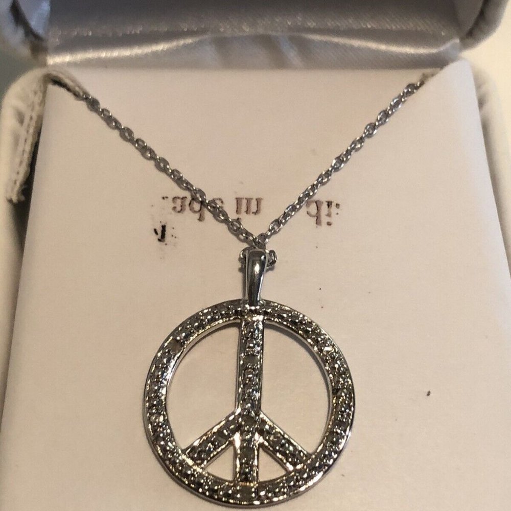 Amanda Rose Peace Sign 925 Sterling Silver Crystal Pendant 17" Necklace